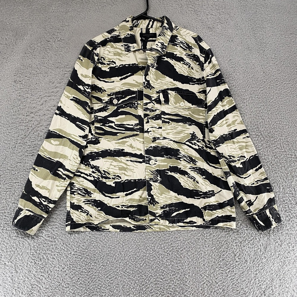 AllSaints Gulf Overshirt Mens Large Tiger Camo Relaxed Fit Button Up Long Sleeve